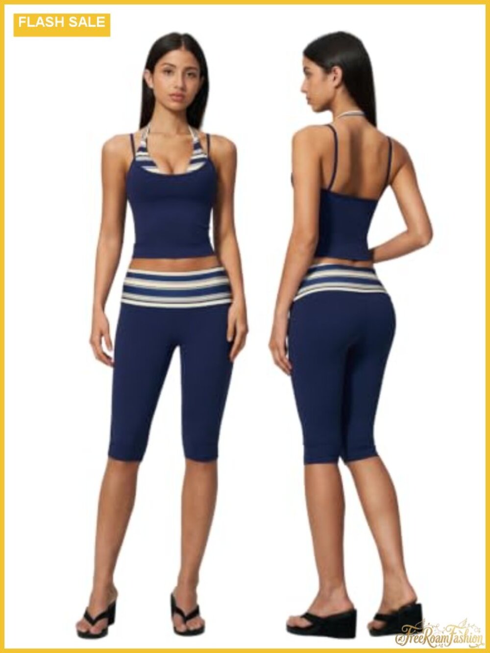Women 2 Piece Striped Workout Set Halter Tank Top & Capri Pants Yoga Gym